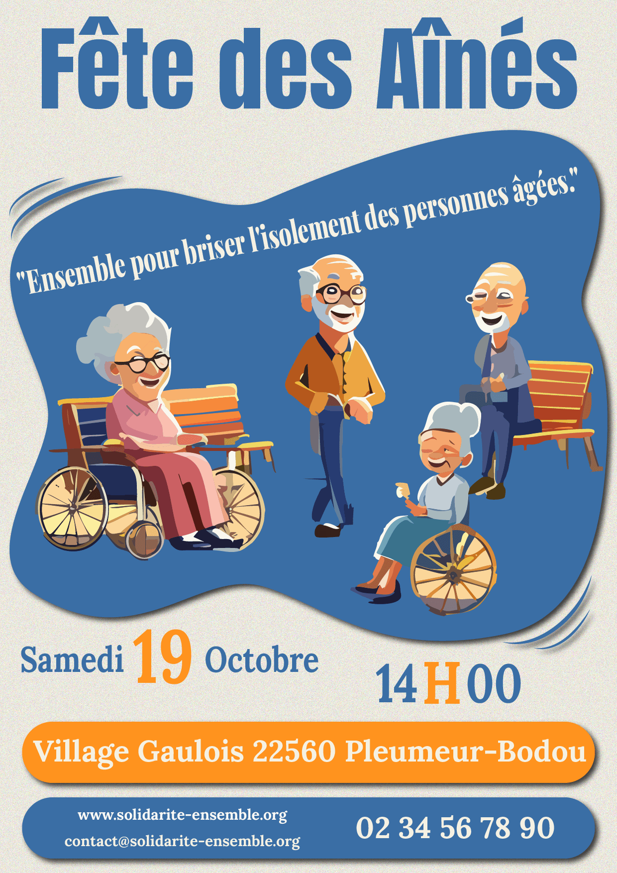 Affiche pour la Fête des Ainés avec des personnes âgées souriantes, accompagnée de la phrase "Ensemble pour briser l'isolement des personnes âgées. Venez à la fête." dans un design graphique chaleureux