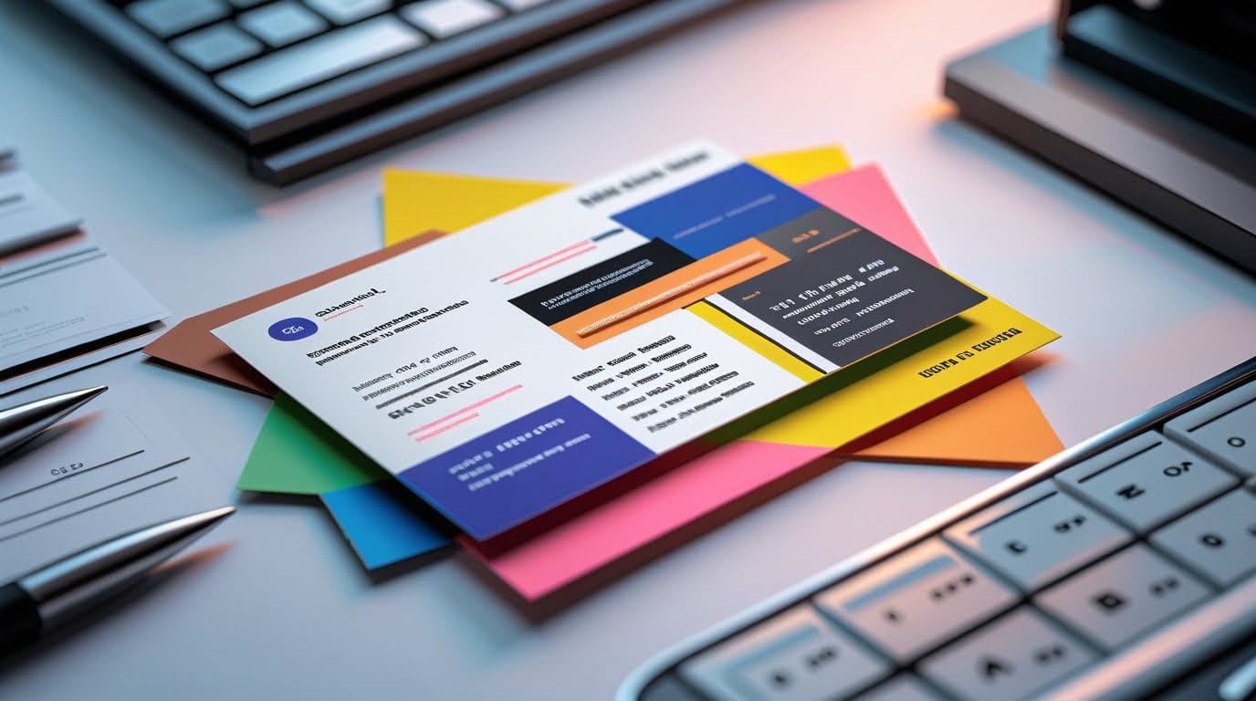 Carte de visite mal conçue avec trop de texte, des polices et couleurs mal assorties, sans hiérarchie visuelle claire.