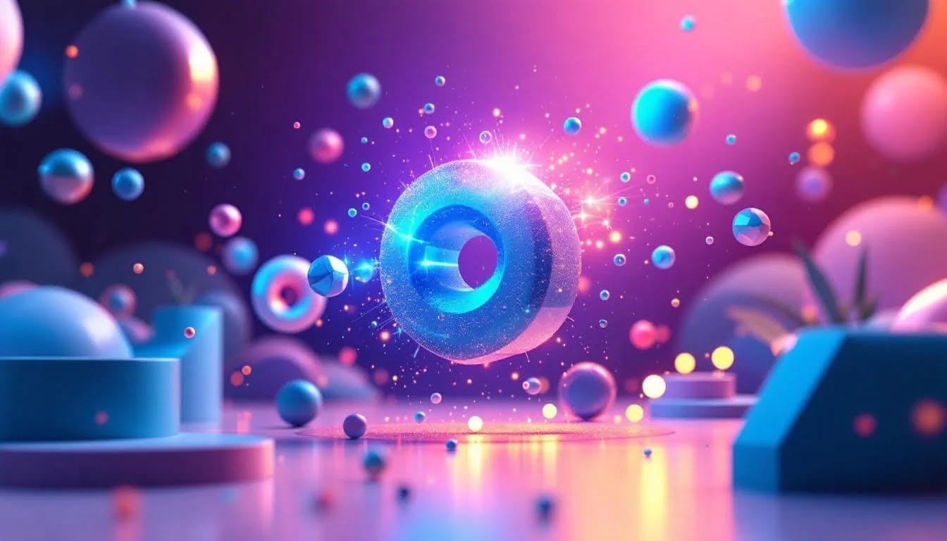 Ensemble de formes géométriques flottantes, avec un anneau lumineux central entouré de sphères et cylindres dans une ambiance spatiale dégradée de bleu, violet et rose.