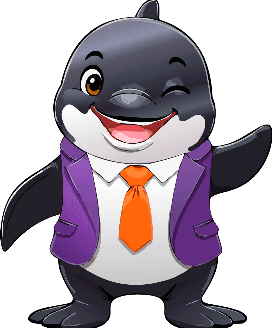 Mascotte Djilumbo, l’orque souriante en veste violette et cravate orange, faisant un clin d’œil complice pour illustrer l’humour et la créativité du studio de graphisme, web design et motion design.