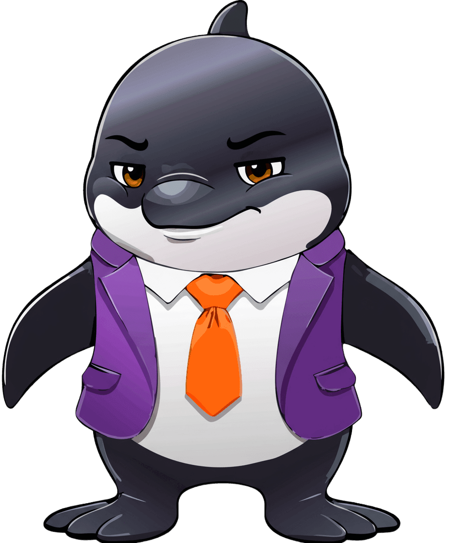 Mascotte Djilumbo, l’orque souriante en veste violette et cravate orange, avec un clin d’œil et un sourire malicieux pour représenter la complicité et le côté joueur du studio de graphisme, web design et motion design.