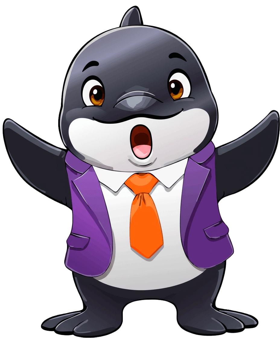 Mascotte Djilumbo, l’orque souriante en veste violette et cravate orange, avec les yeux écarquillés et la bouche en forme de O pour exprimer la surprise et l’émerveillement en web design, graphisme et motion design.