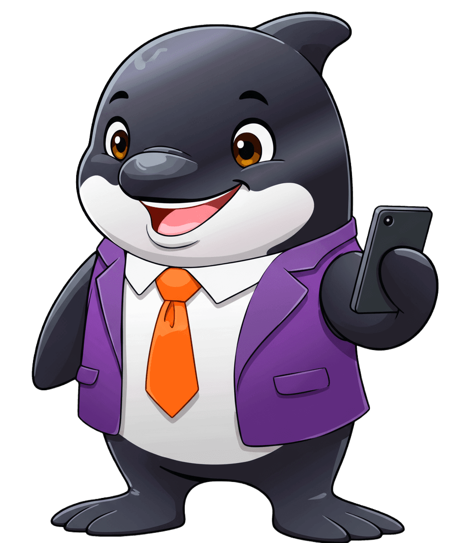 Mascotte Djilumbo, une orque souriante en veste violette et cravate orange, tenant un smartphone pour symboliser le digital, les réseaux sociaux et la communication en web design et graphisme.