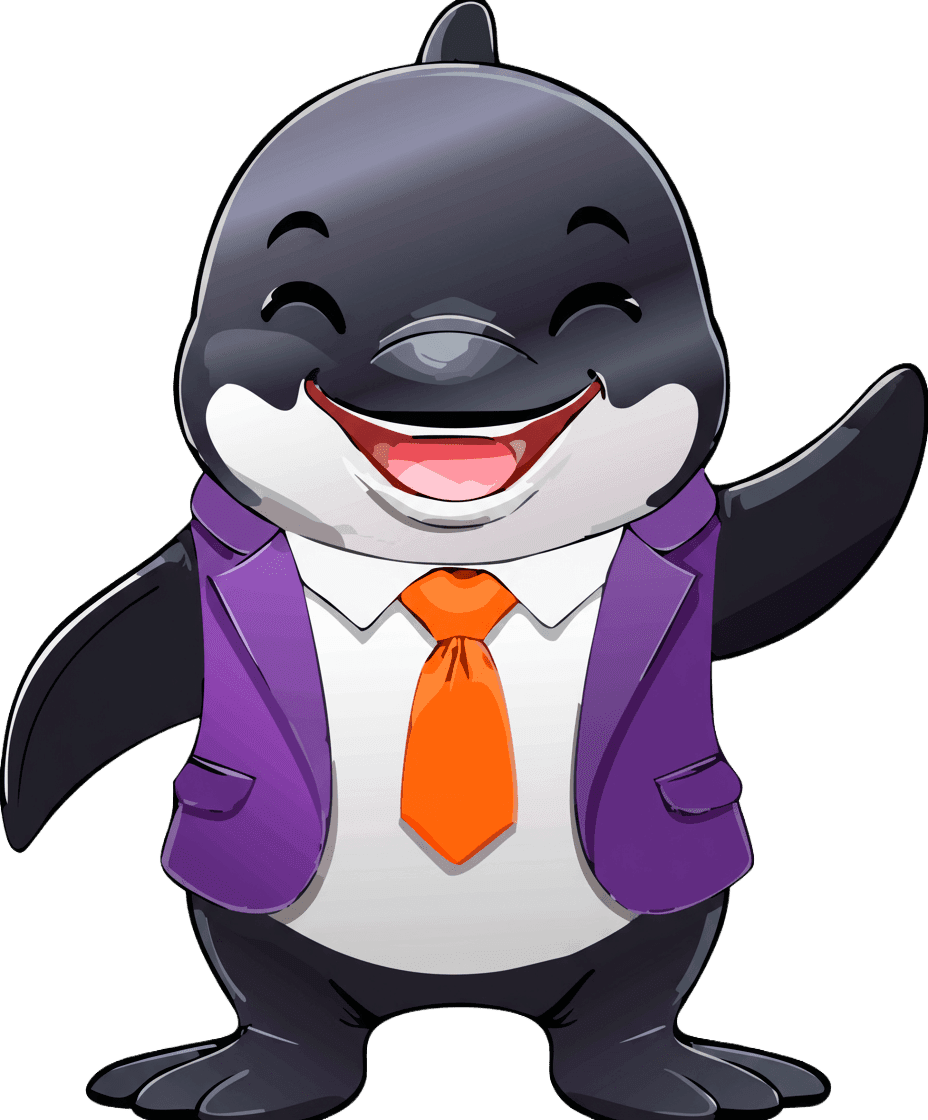 Mascotte Djilumbo, une orque souriante en veste violette et cravate orange, symbole de créativité et de bonne humeur pour le graphisme, le web design et le motion design.