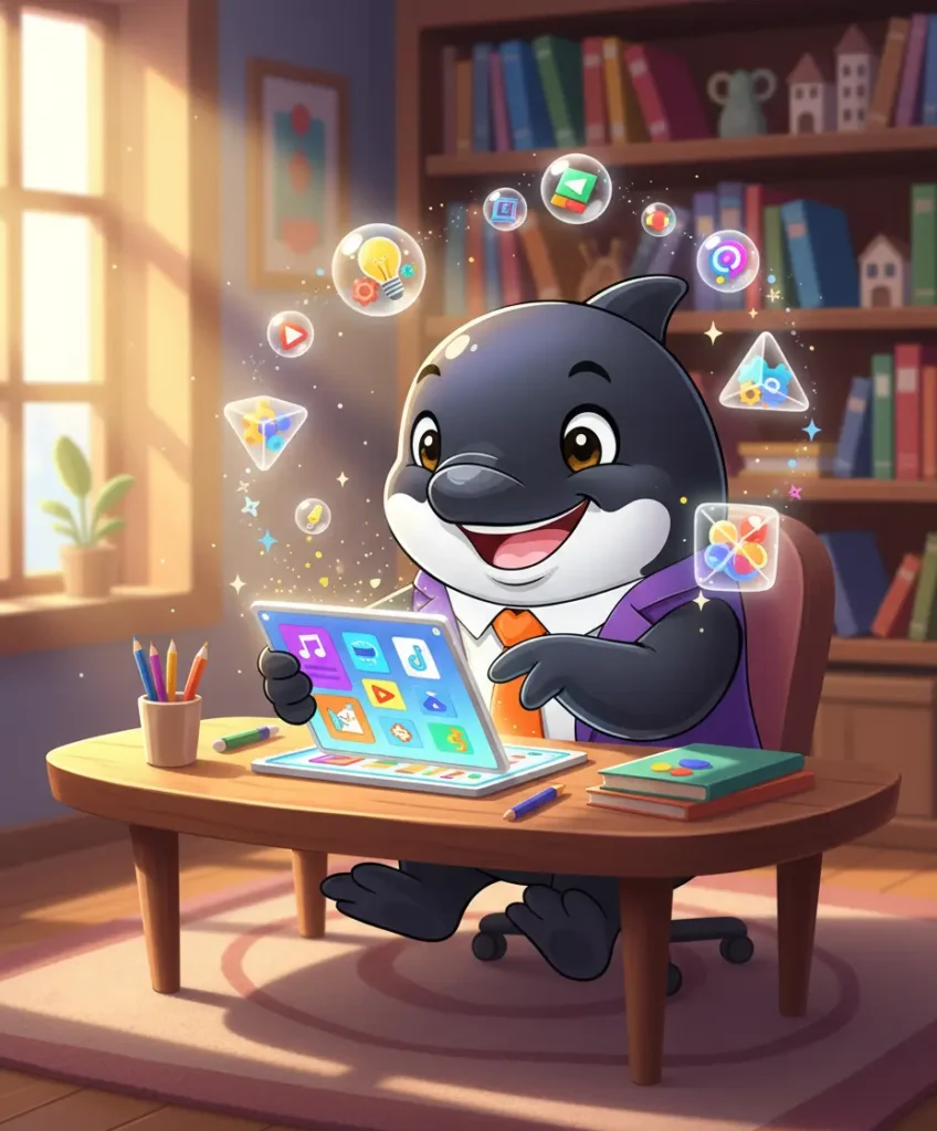 Orque mascotte feuilletant des ebooks et capsules de formation dans un espace d’apprentissage créatif.