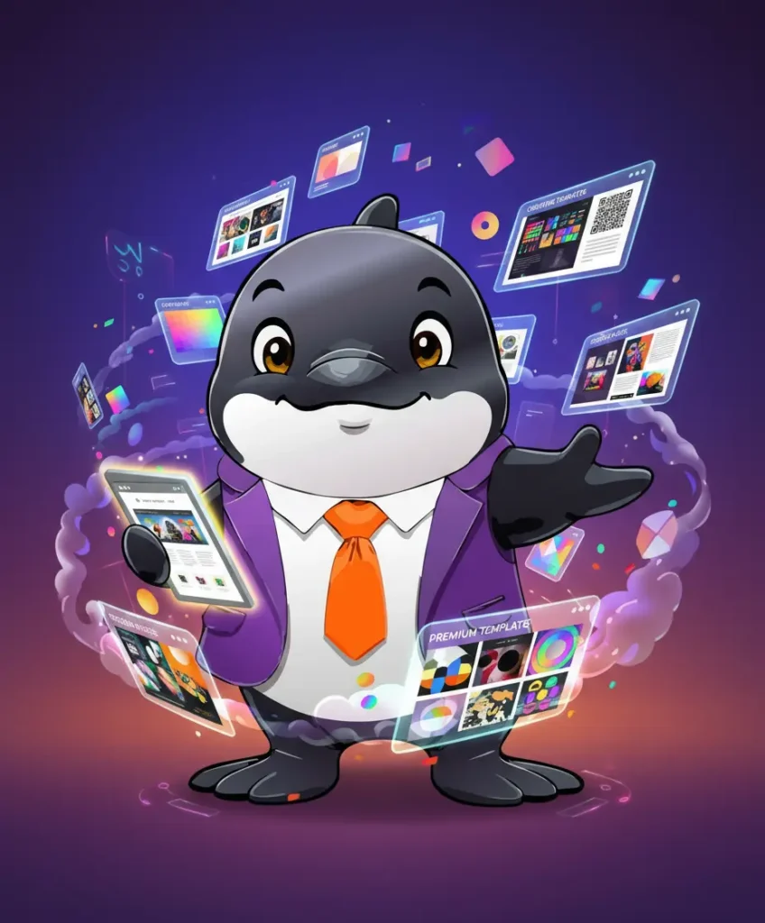 Orque mascotte présentant des templates graphiques flottants dans un studio digital moderne