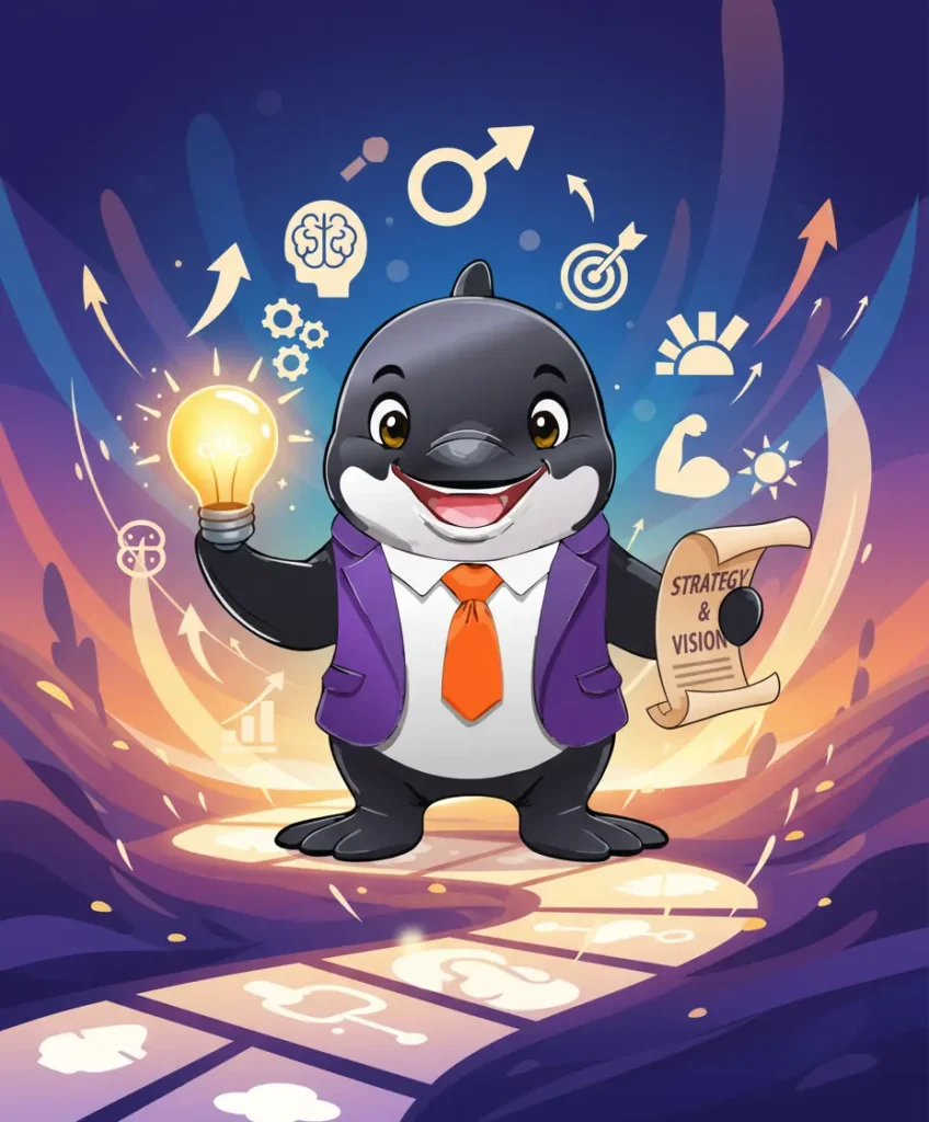 Orque mascotte sur un chemin lumineux, tenant une idée et un plan stratégique.