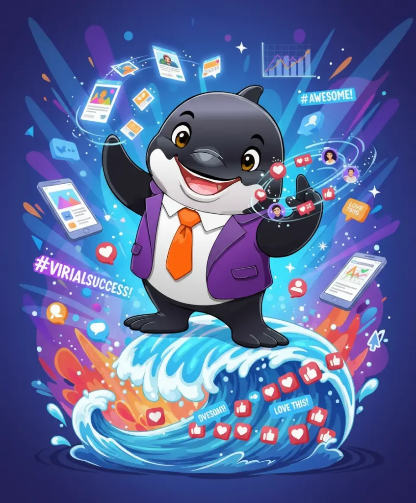 Orque mascotte interagissant avec des posts, likes et stories dans un univers social dynamique.