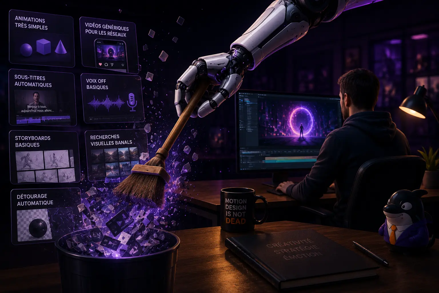Robot d’intelligence artificielle automatisant des tâches répétitives en motion design tandis qu’un créatif travaille sur des missions à plus forte valeur ajoutée.