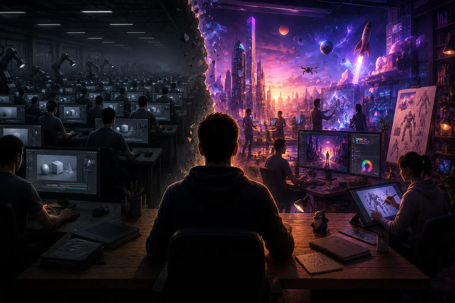 Motion designer observant deux futurs possibles du métier, entre automatisation massive et explosion des opportunités créatives grâce à l’intelligence artificielle.
