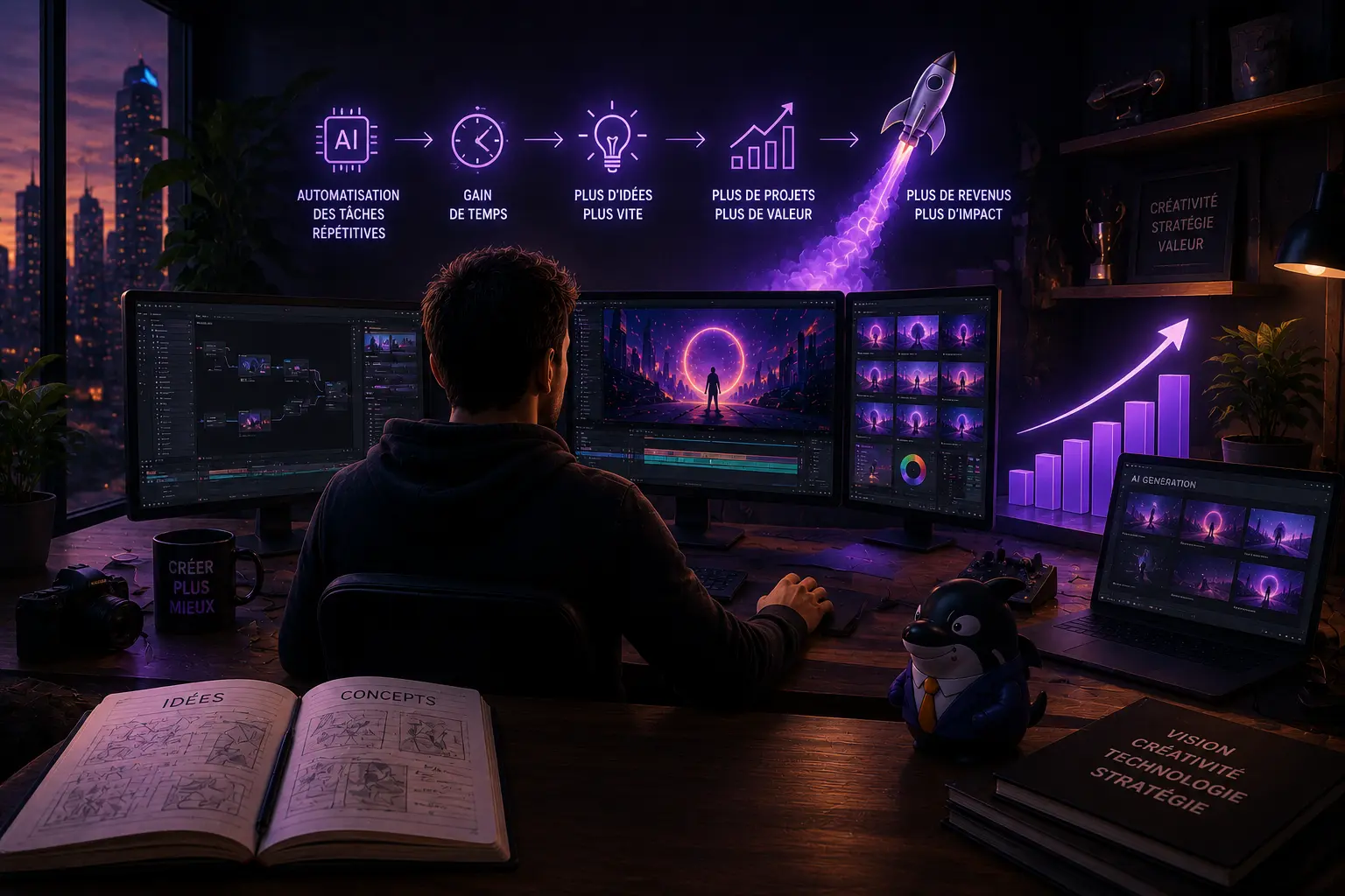 Motion designer utilisant l’intelligence artificielle pour automatiser certaines tâches et augmenter sa productivité, sa valeur et ses revenus.