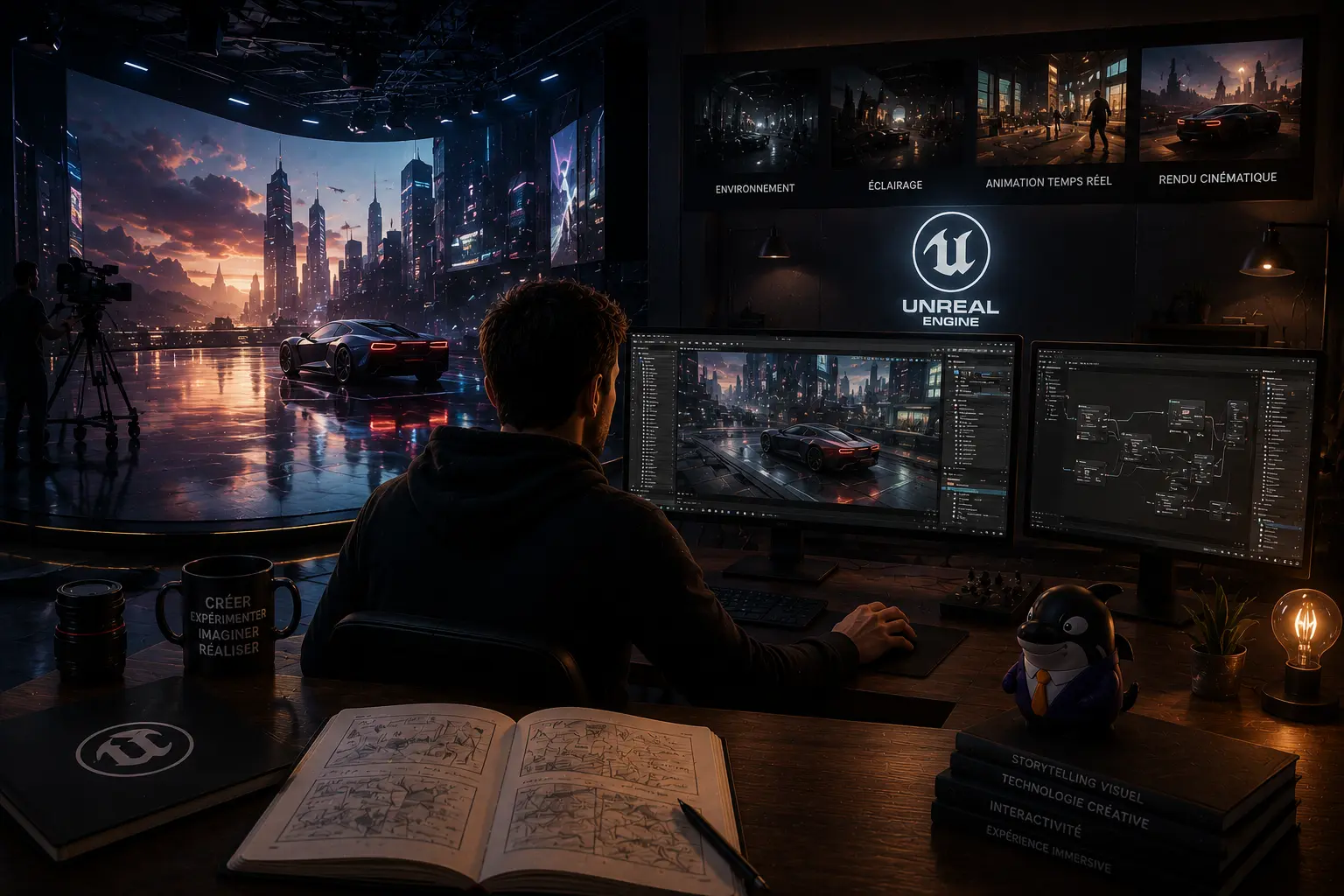 Motion designer utilisant Unreal Engine pour créer des environnements 3D en temps réel et produire des contenus visuels immersifs.