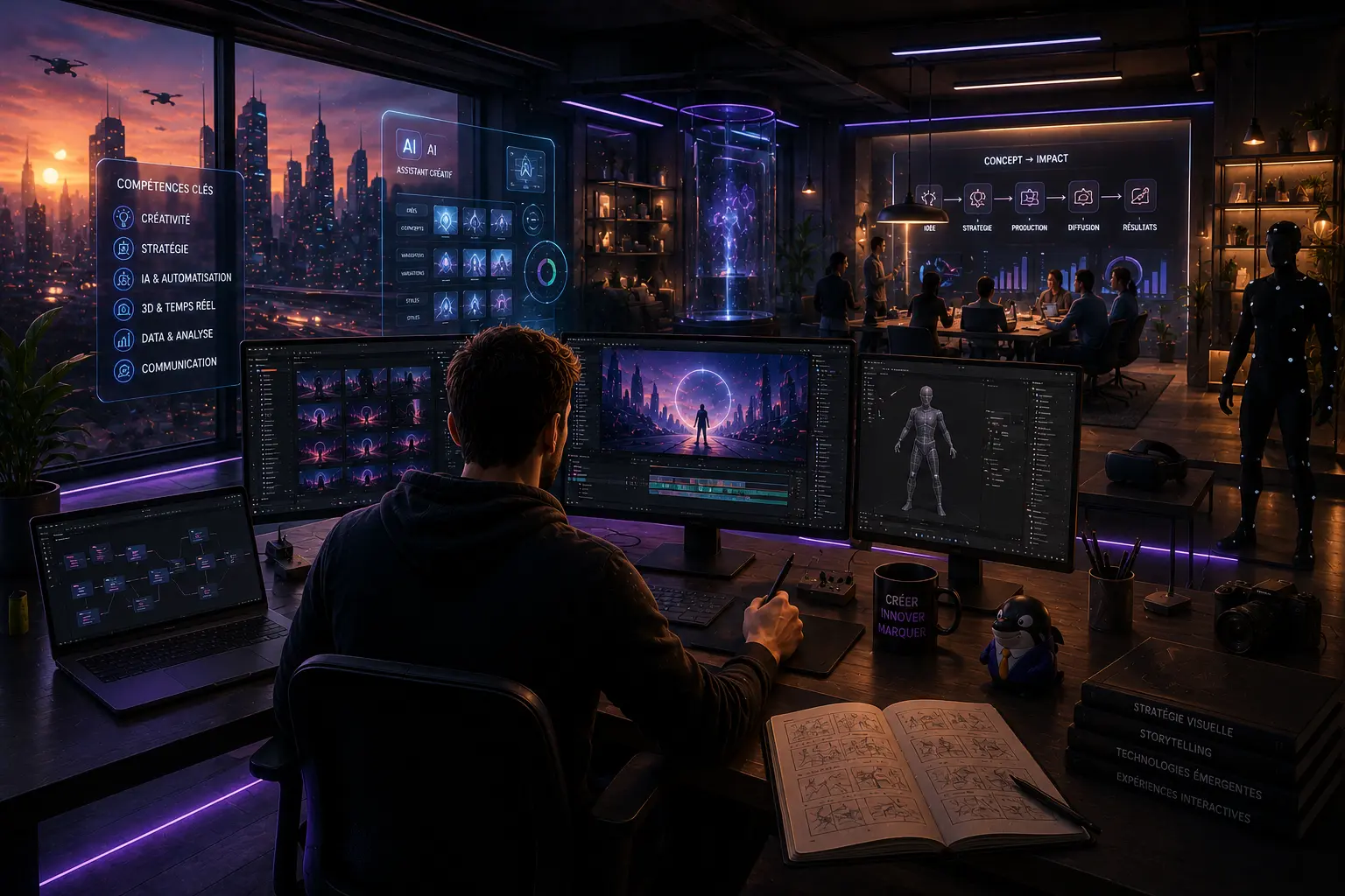 Motion designer utilisant l’intelligence artificielle, la 3D temps réel et des outils créatifs avancés dans un studio de création du futur.