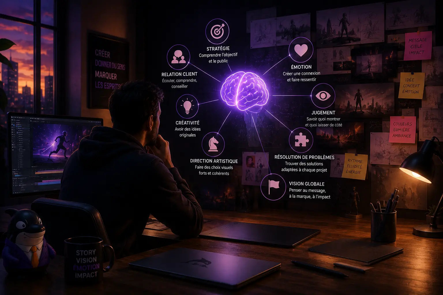 Motion designer réfléchissant à une stratégie créative et à une direction artistique devant un mur d’idées et de concepts visuels.