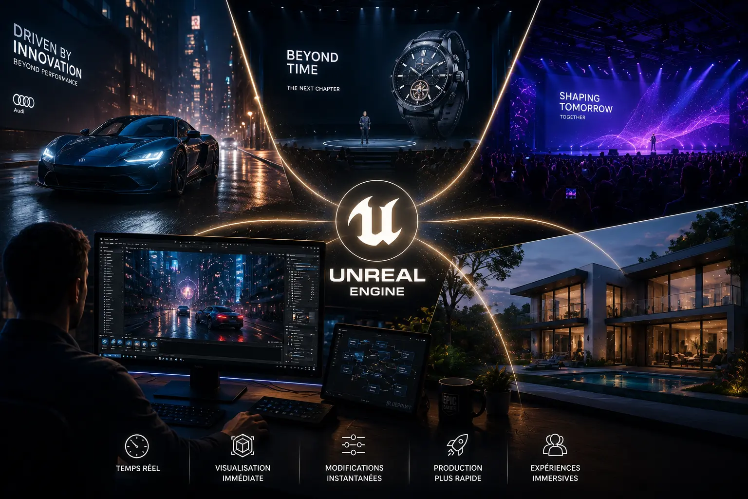 Motion designer utilisant Unreal Engine pour créer des contenus immersifs en temps réel pour la publicité, les événements, l’architecture et les expériences interactives.