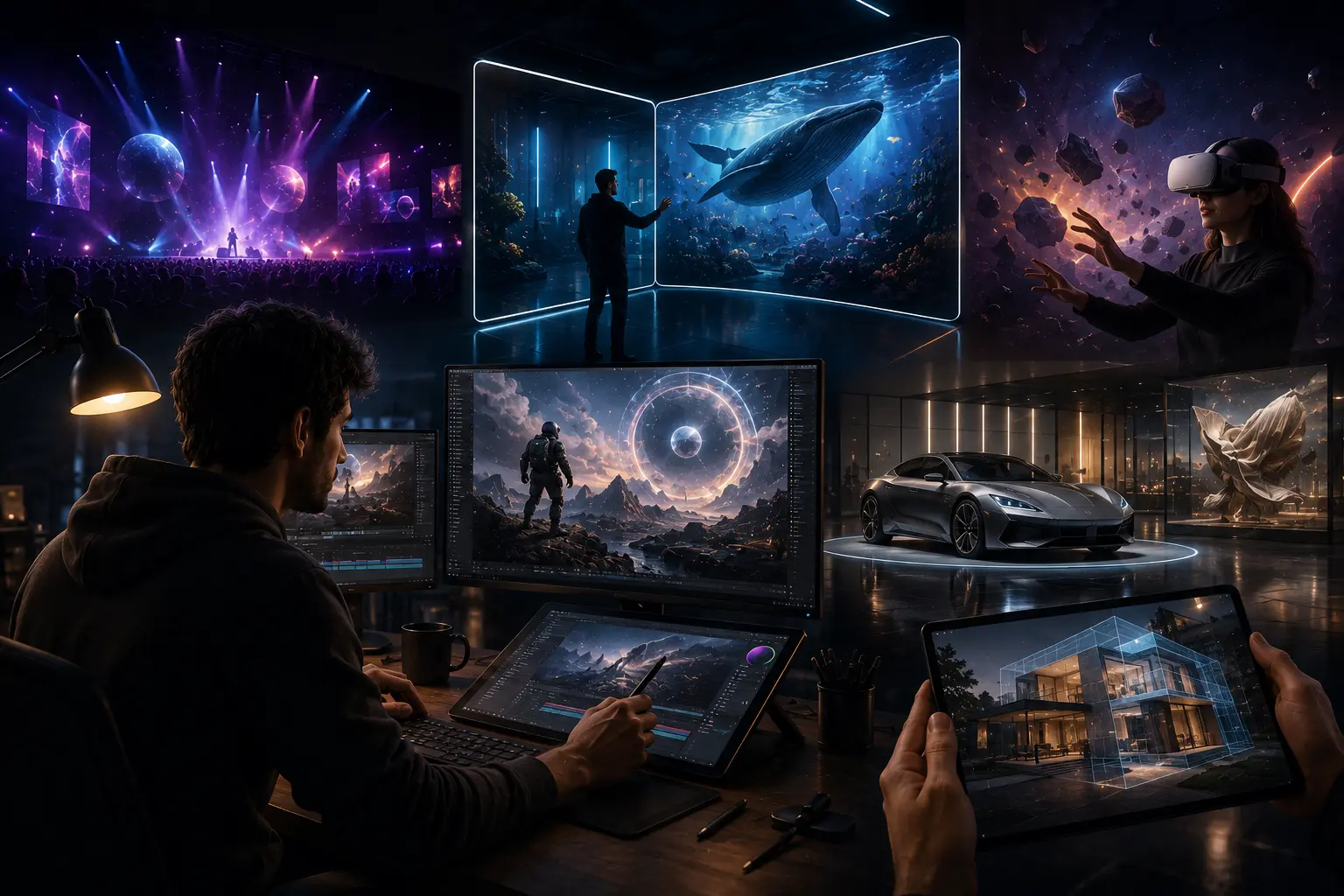 Motion designer créant une expérience interactive immersive en temps réel avec Unreal Engine sur plusieurs écrans dans un studio de création numérique moderne