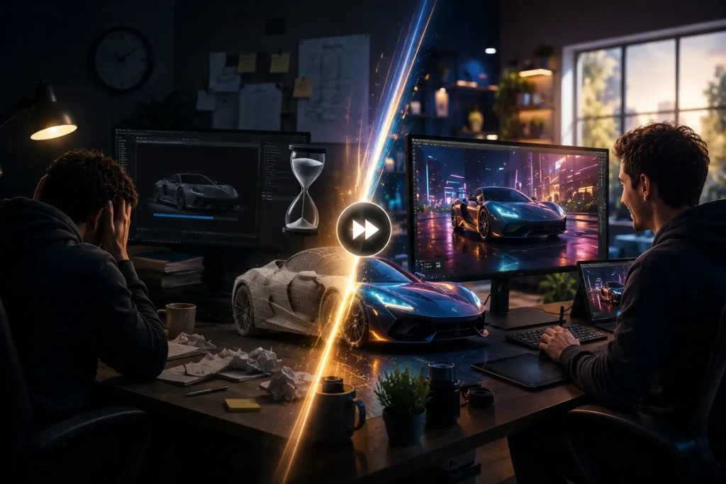 Comparaison entre un workflow de rendu traditionnel et Unreal Engine en temps réel montrant le gain de temps et l’accélération de la production en motion design.
