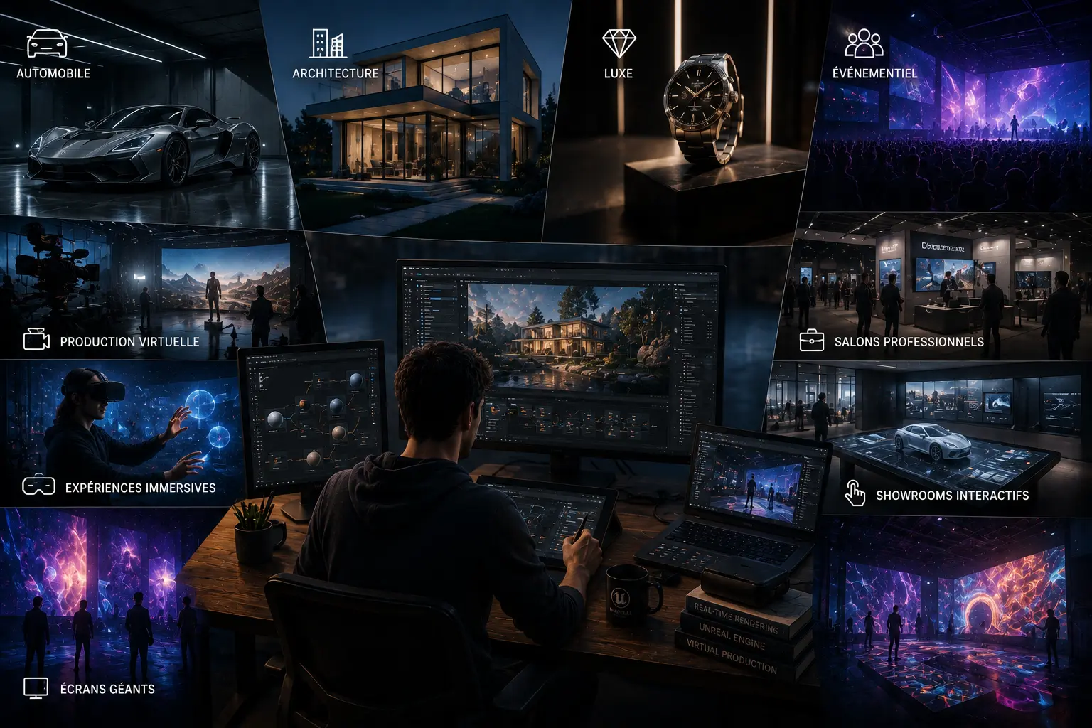 Motion designer utilisant Unreal Engine pour créer des expériences immersives, showrooms interactifs, contenus événementiels et projets de production virtuelle dans différents secteurs professionnels.