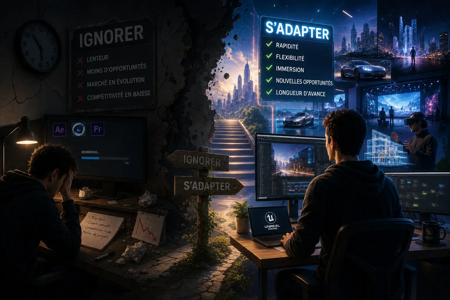 Comparaison entre un motion designer bloqué dans des méthodes traditionnelles et un créatif utilisant Unreal Engine pour accéder à de nouvelles opportunités professionnelles.