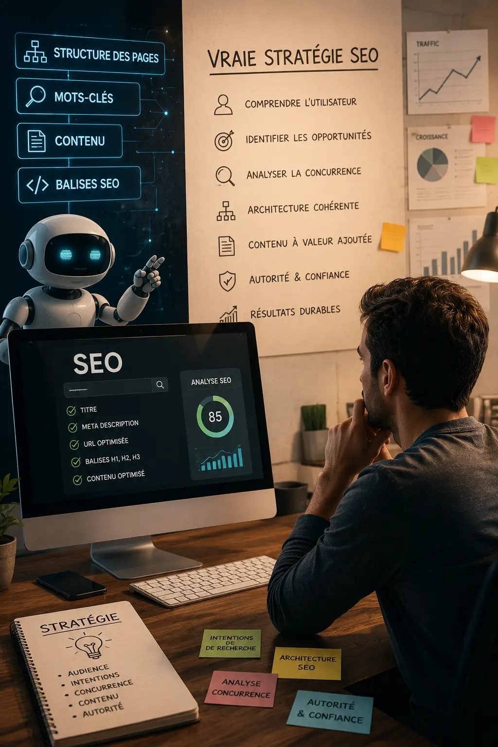Professionnel analysant une stratégie SEO complète tandis qu'une intelligence artificielle l'assiste dans l'optimisation d'un site web.