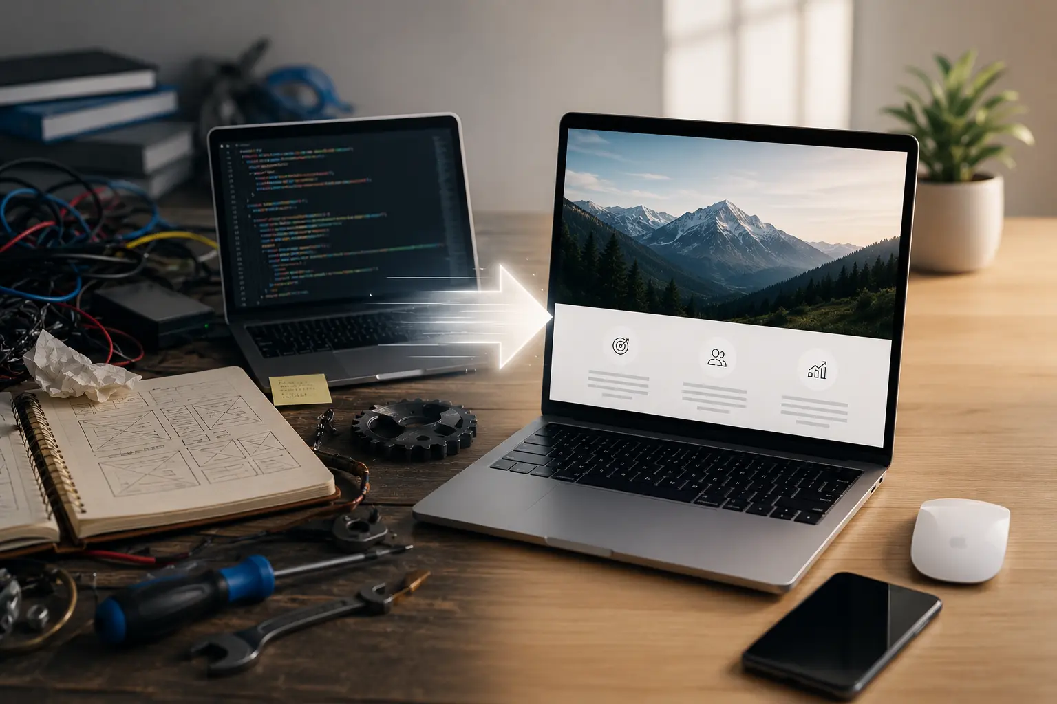 Illustration montrant la différence entre la création technique d'un site internet et la stratégie nécessaire pour créer un site performant pour une entreprise.