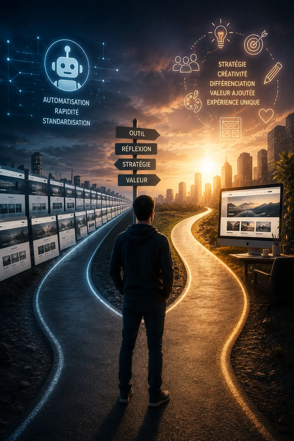 Web designer face à deux chemins symbolisant l'automatisation par l'intelligence artificielle et la valeur ajoutée de la stratégie créative.