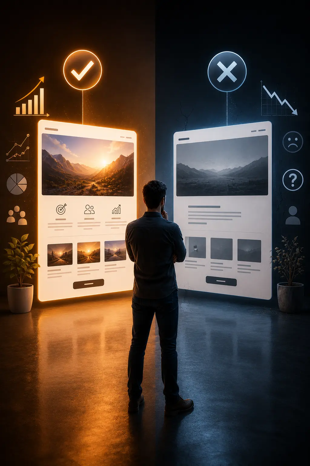 Entrepreneur comparant un site web généré automatiquement à un site conçu avec une véritable stratégie digitale orientée résultats.
