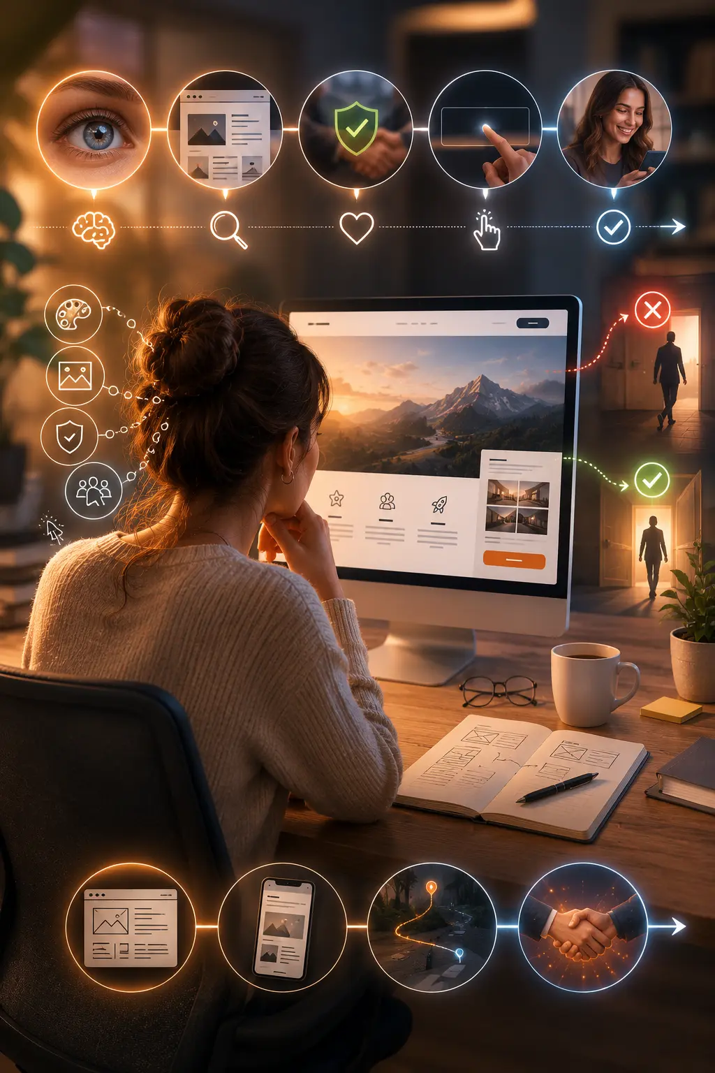 Visiteuse analysant un site internet illustrant le parcours utilisateur, les éléments de confiance et la prise de décision sur le web.