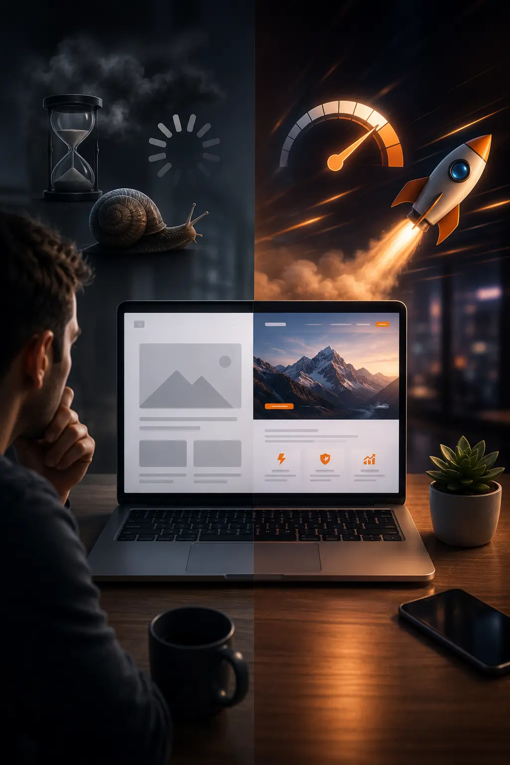 Illustration comparant un site internet lent et un site web rapide afin de montrer l'impact de la vitesse sur l'expérience utilisateur.