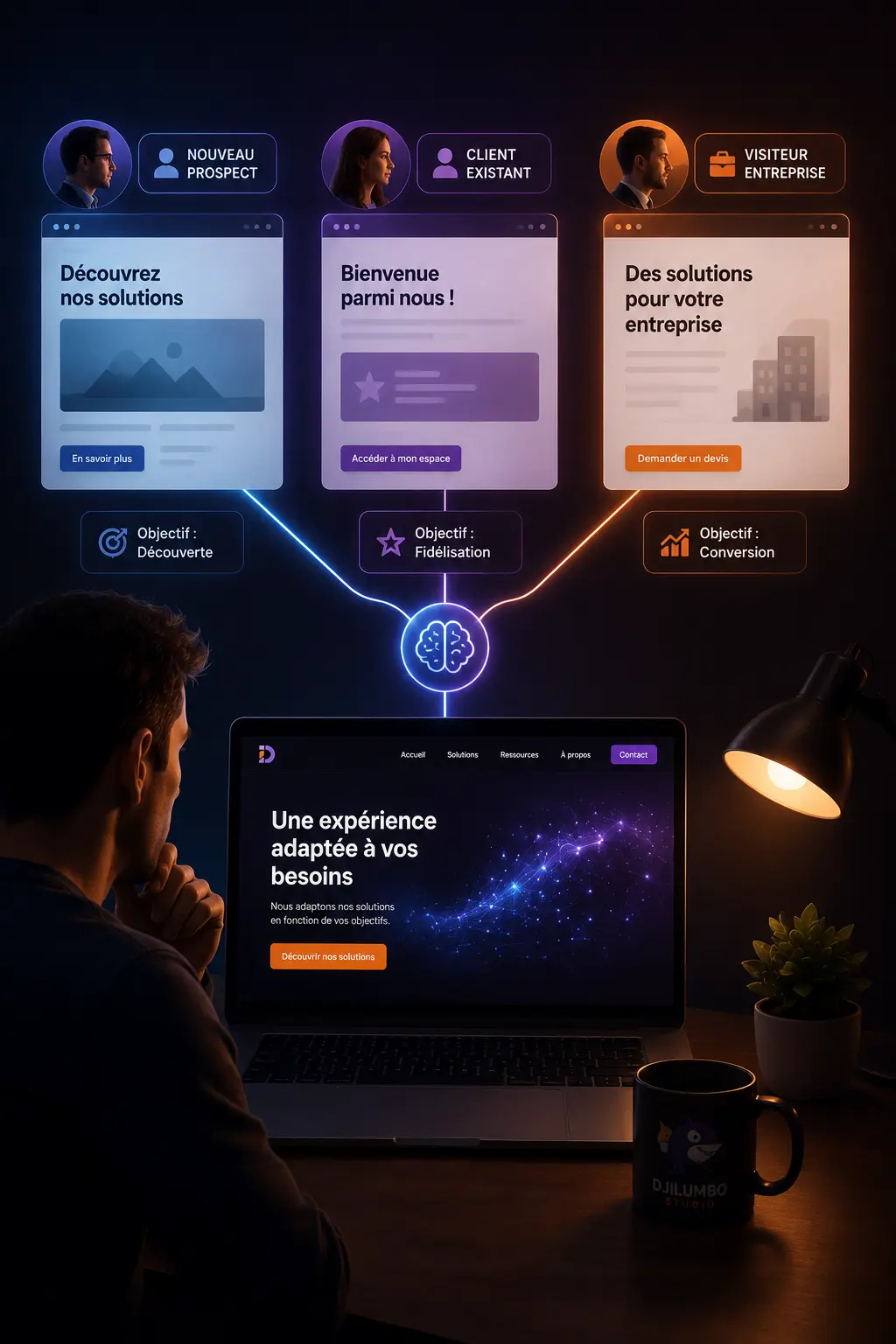 Illustration représentant un site internet capable d'adapter son contenu selon le profil et les besoins de chaque visiteur.