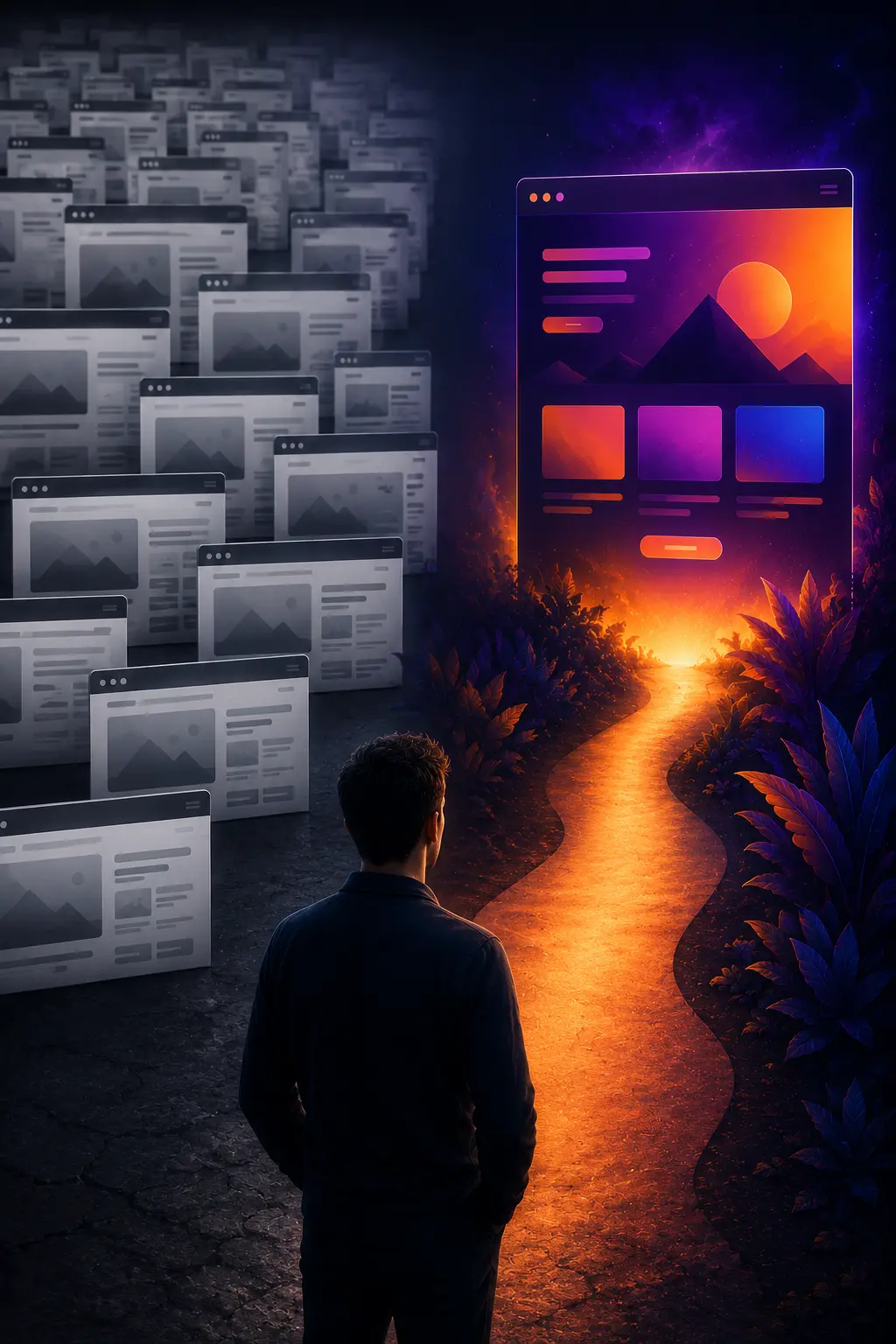Illustration montrant une entreprise qui se démarque d'une multitude de sites web similaires grâce à une identité forte et une expérience unique.