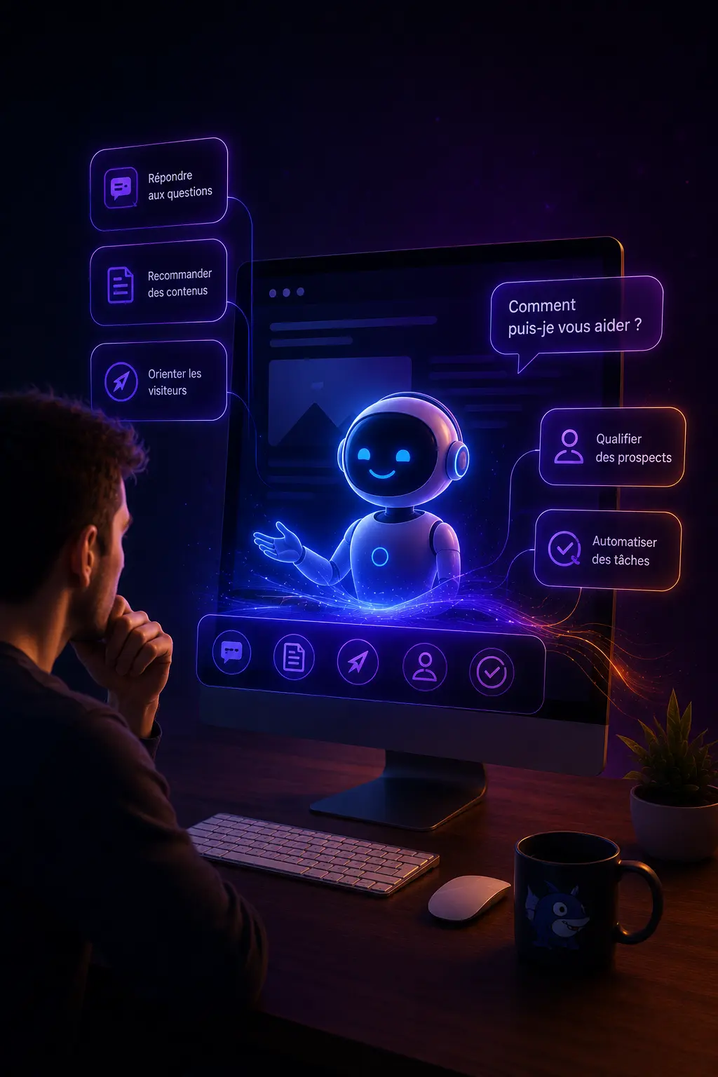 Illustration représentant un site internet interactif capable d'accompagner les visiteurs grâce à l'intelligence artificielle et à l'automatisation.
