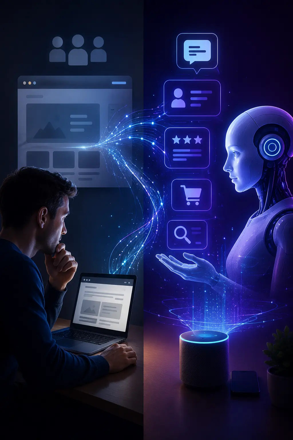 Illustration montrant l'évolution du web où les contenus sont analysés à la fois par les internautes et les intelligences artificielles conversationnelles.