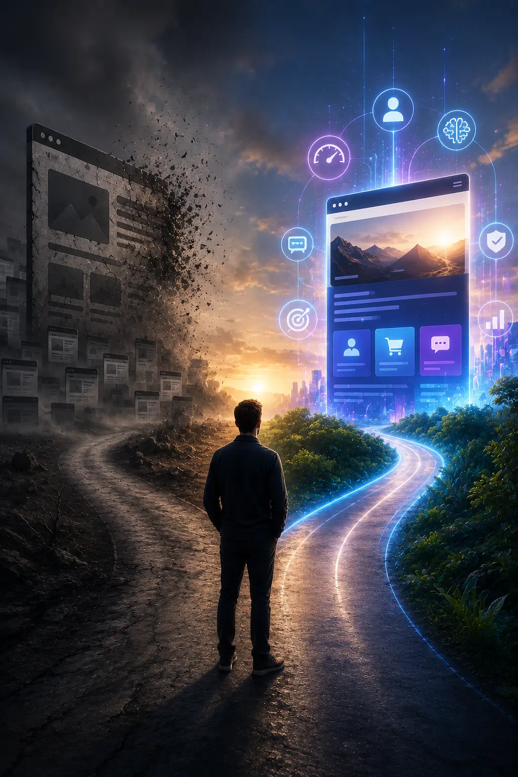 Illustration montrant la différence entre un site internet conçu pour les attentes d'hier et un site moderne adapté aux nouvelles exigences du web.