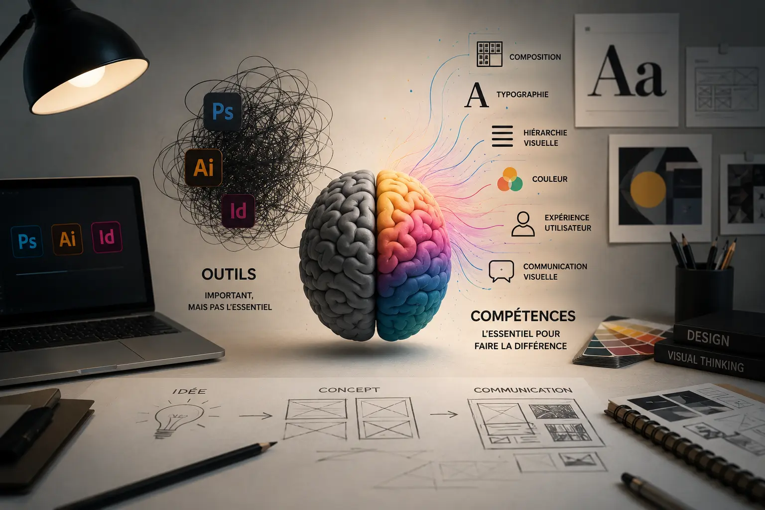 Illustration représentant les compétences fondamentales du design comme la composition, la typographie et la communication visuelle, au-delà de la maîtrise des logiciels.