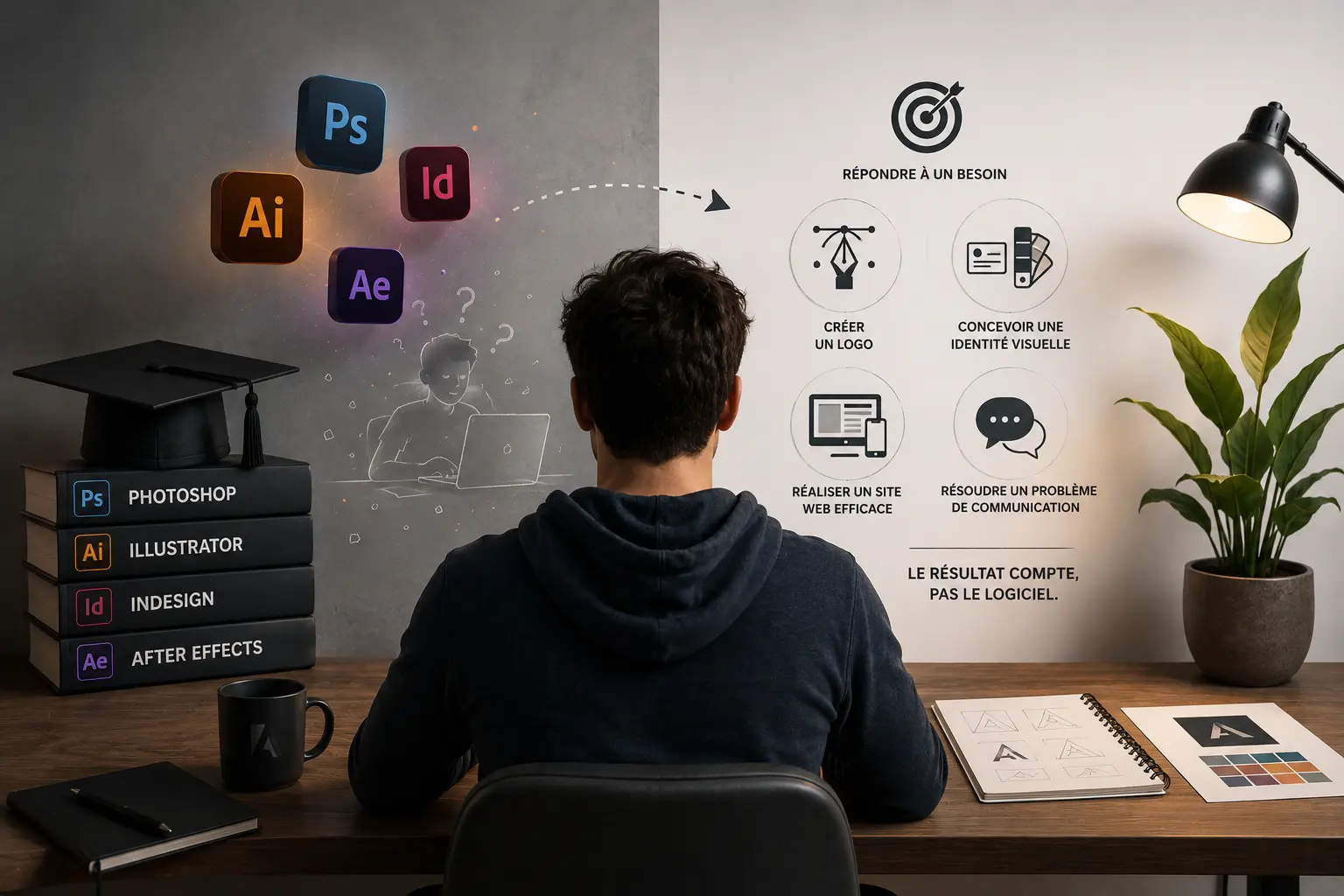 Illustration montrant la différence entre l'apprentissage des logiciels de design et les compétences réelles recherchées par les clients.