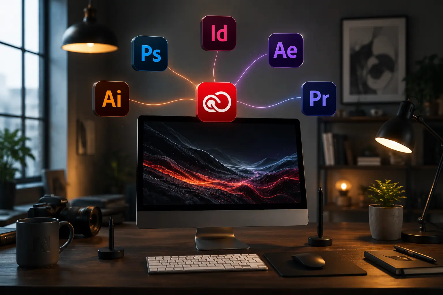 Poste de travail de designer professionnel illustrant l'utilisation des logiciels Adobe dans les métiers du graphisme, du web design et de la création visuelle.