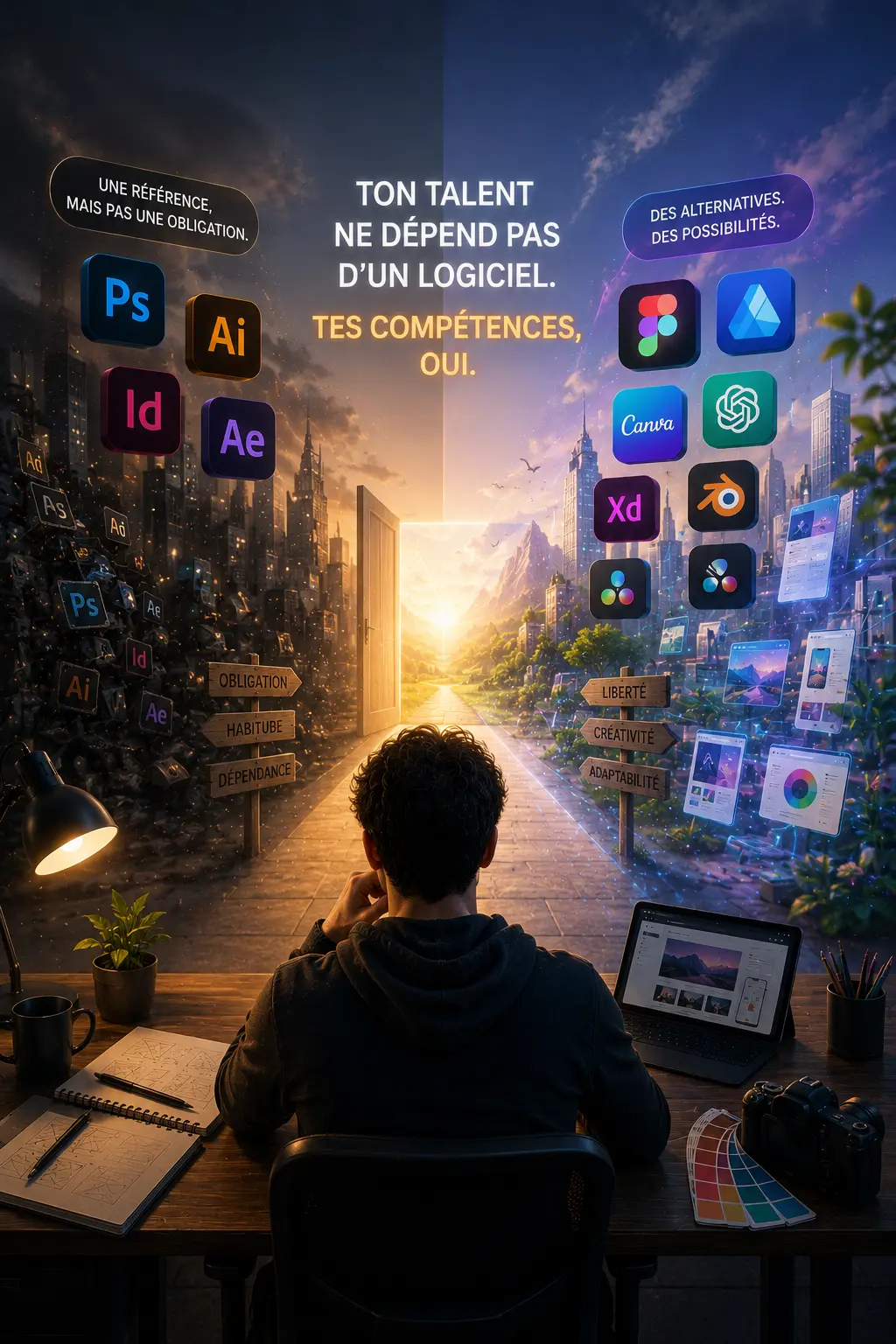 Créatif observant différentes voies professionnelles entre l'écosystème Adobe et les nouvelles alternatives du marché créatif.