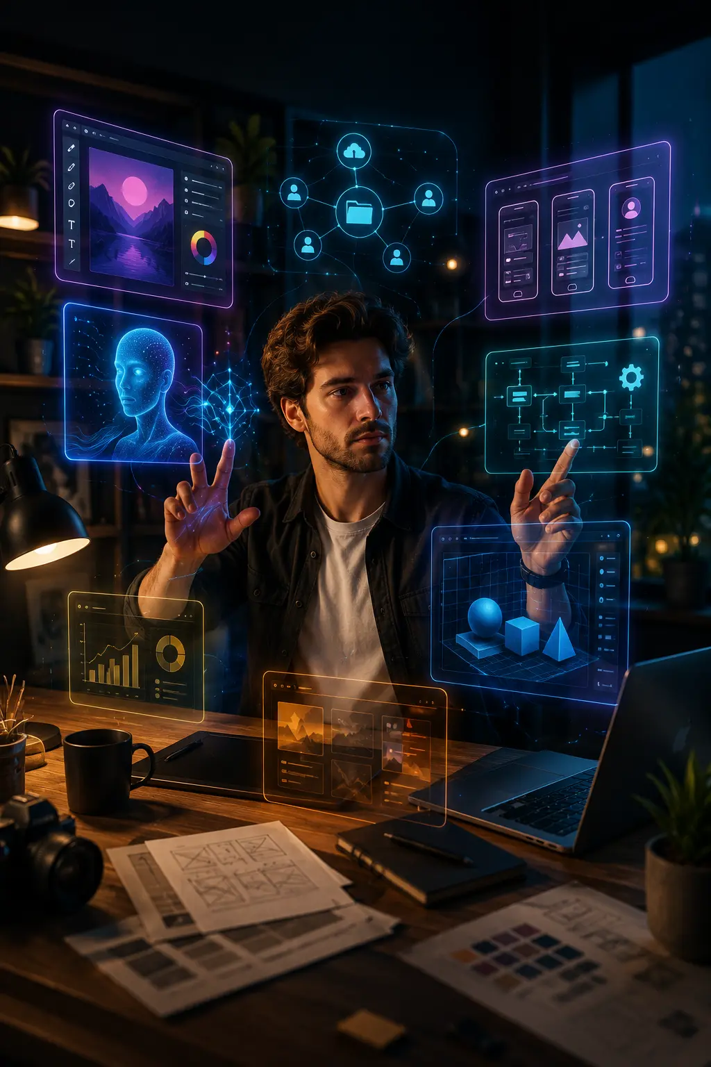 Créatif utilisant plusieurs outils numériques, intelligences artificielles et plateformes connectées dans un environnement de travail moderne.