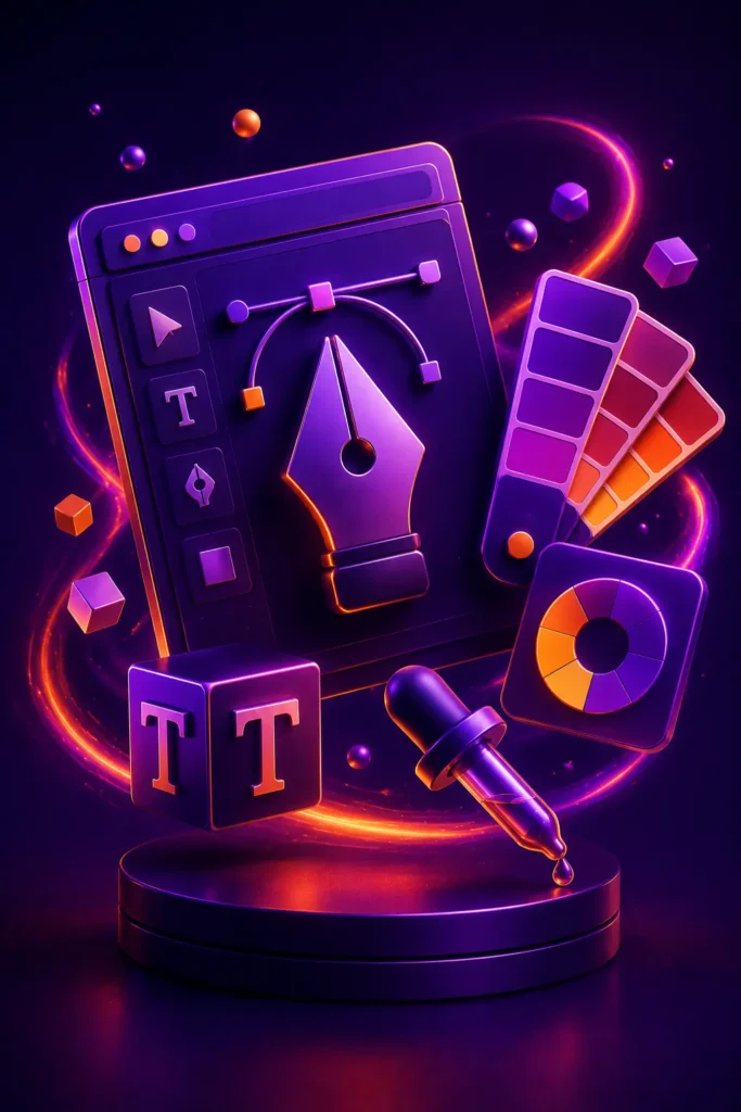 Illustration 3D représentant le graphisme avec plume vectorielle, palette de couleurs, typographie et outils de création visuelle.