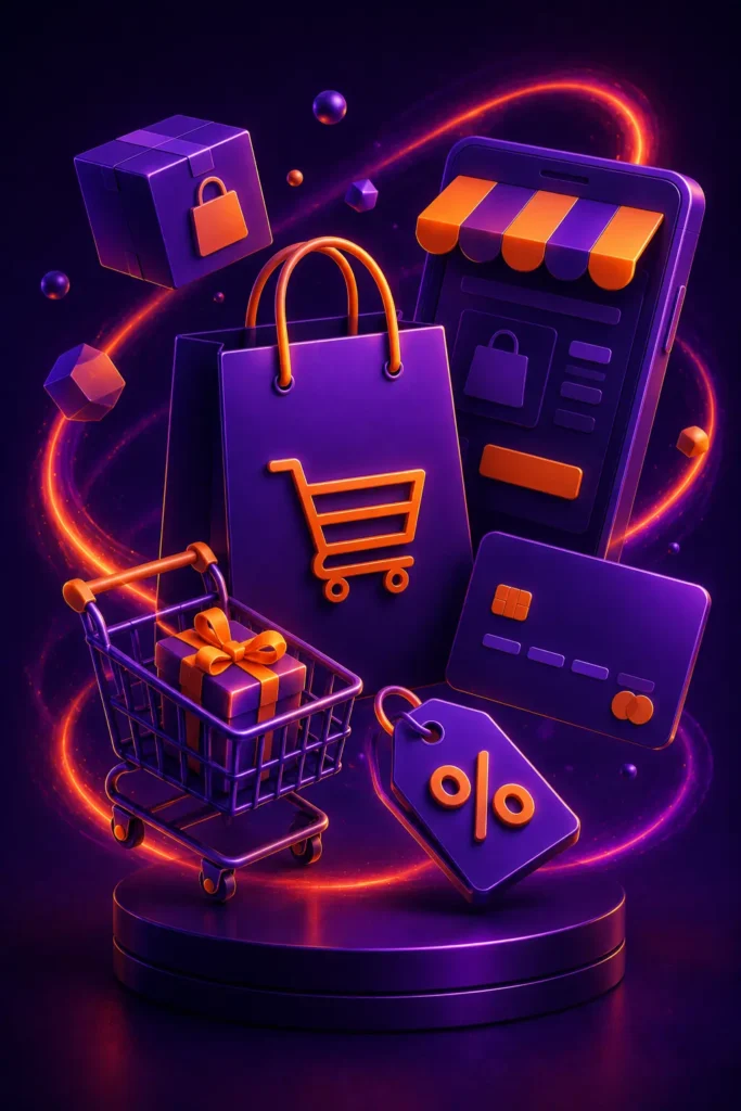 Illustration 3D représentant une boutique digitale avec panier, sac de shopping, réductions et produits numériques.