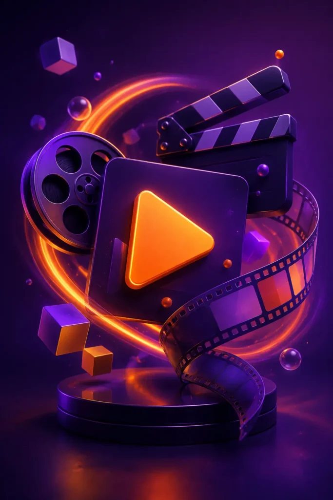 Illustration 3D représentant l’univers du motion design avec lecteur vidéo, clap de cinéma, bobine de film et effets lumineux violets et orange.