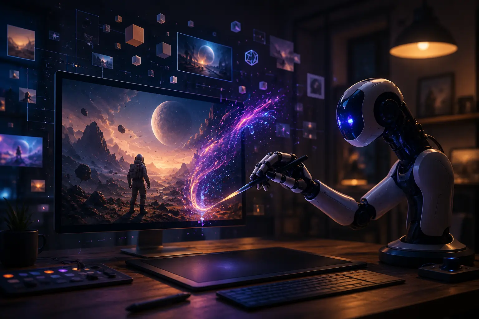 IA générative créant automatiquement une scène visuelle complexe sur un écran de création numérique pour le motion design.