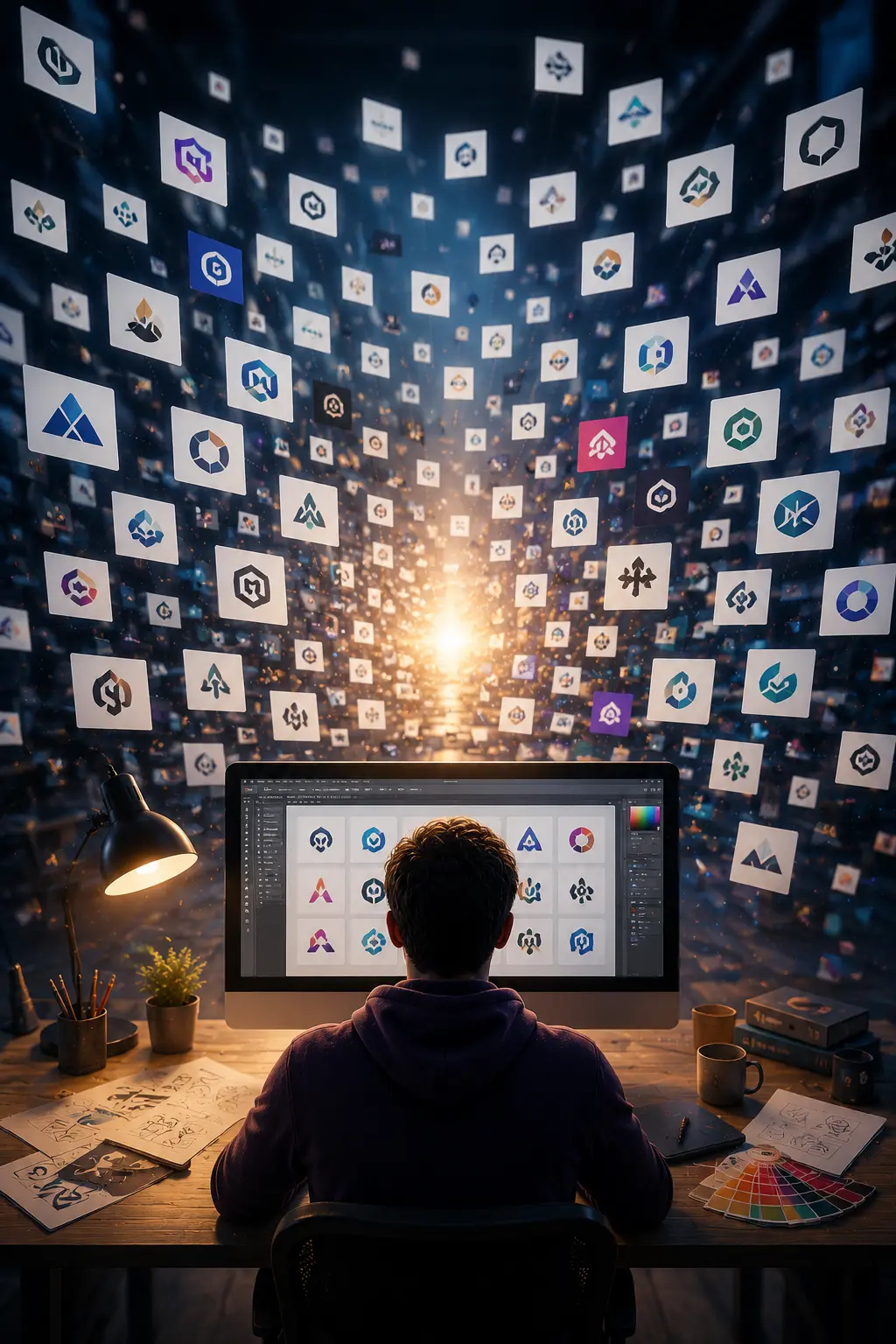 Designer observant des centaines de logos générés automatiquement par des outils numériques et des intelligences artificielles.