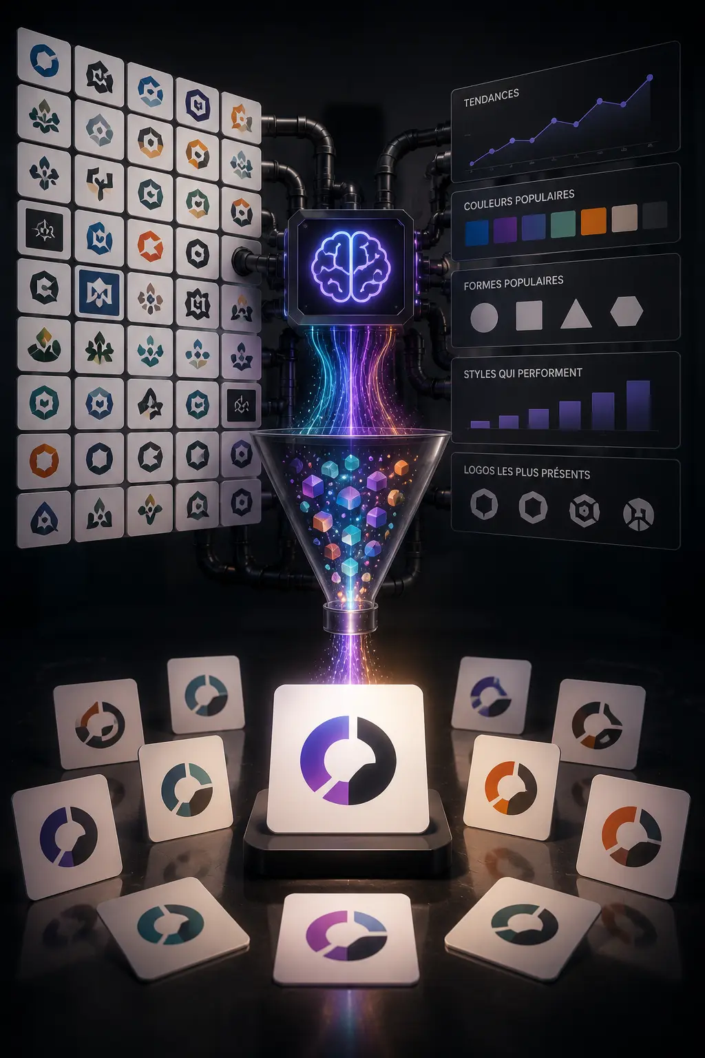 Illustration d'une intelligence artificielle analysant des logos, des formes et des tendances pour générer de nouvelles identités visuelles.