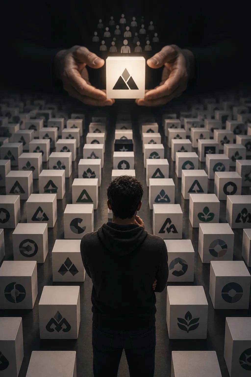 Entrepreneur observant des dizaines de logos similaires avant de choisir une identité visuelle parmi des options presque identiques.