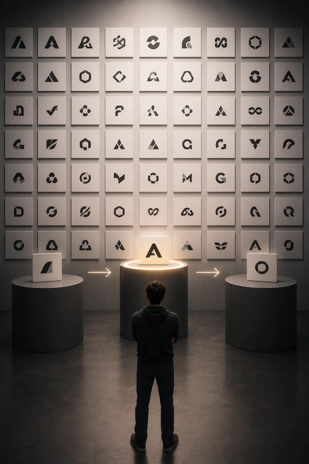 Designer observant une multitude de logos minimalistes qui se ressemblent dans une galerie de design moderne.
