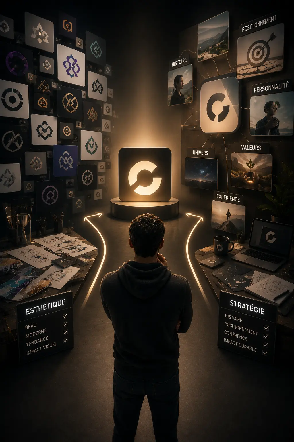 Designer réfléchissant à la différence entre un logo esthétique et une identité de marque construite sur une stratégie cohérente.