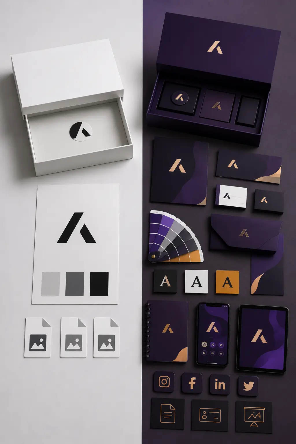 Comparaison visuelle entre un pack d'identité visuelle basique et un pack complet comprenant plusieurs supports de communication professionnels.
