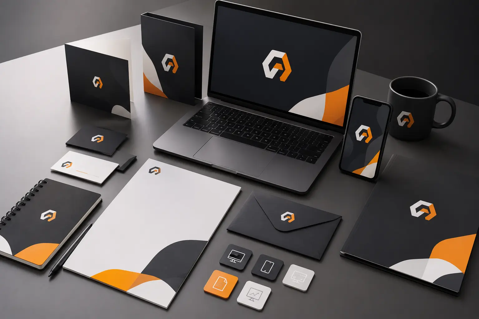 Ensemble d'éléments de branding comprenant logo, site internet, smartphone, papeterie, cartes de visite et supports de communication harmonisés.